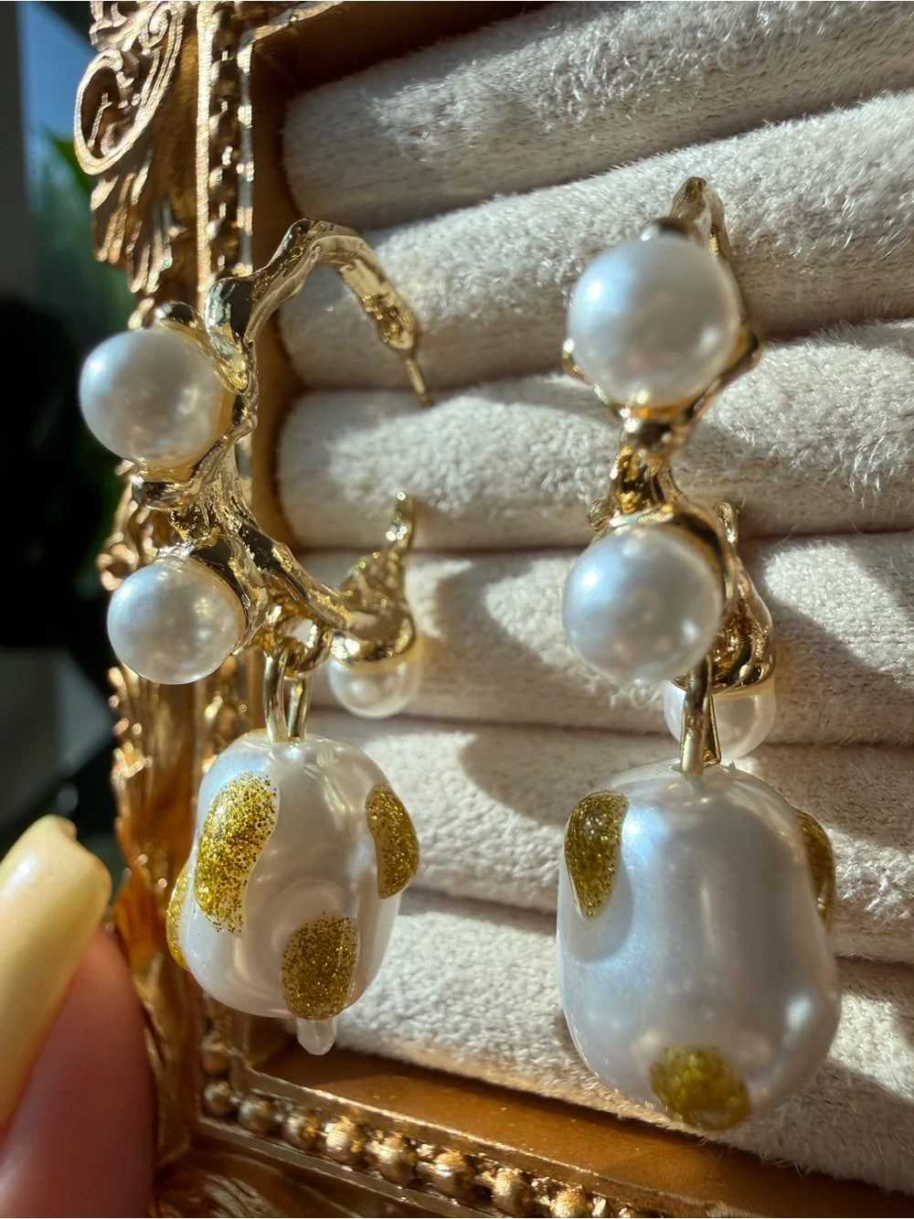 Anthropologie Gold Hoop Earrings with White Pearl Drops